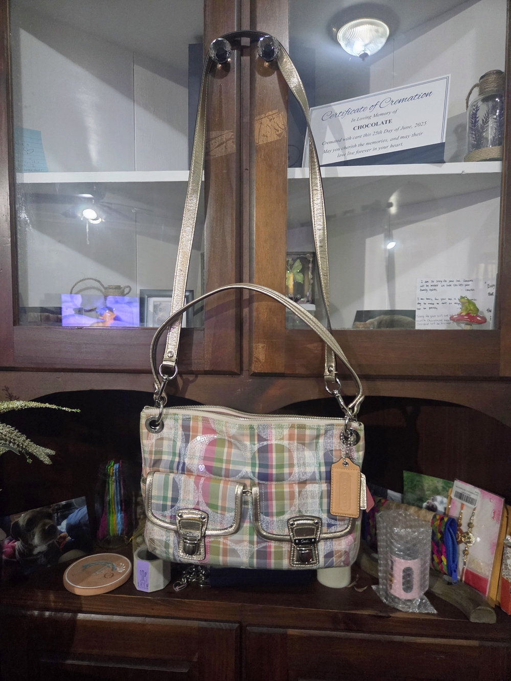 Coach Poppy Madras Plaid Leather Shoulder Bag with Gold Trim And Wristlet Purse - Picture 3 of 16